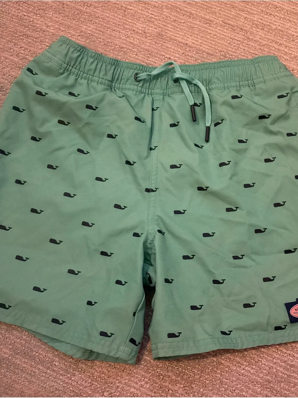 Vineyard Vines Seafoam Swim Shorts with Navy Whale Print - Boys Size Medium
